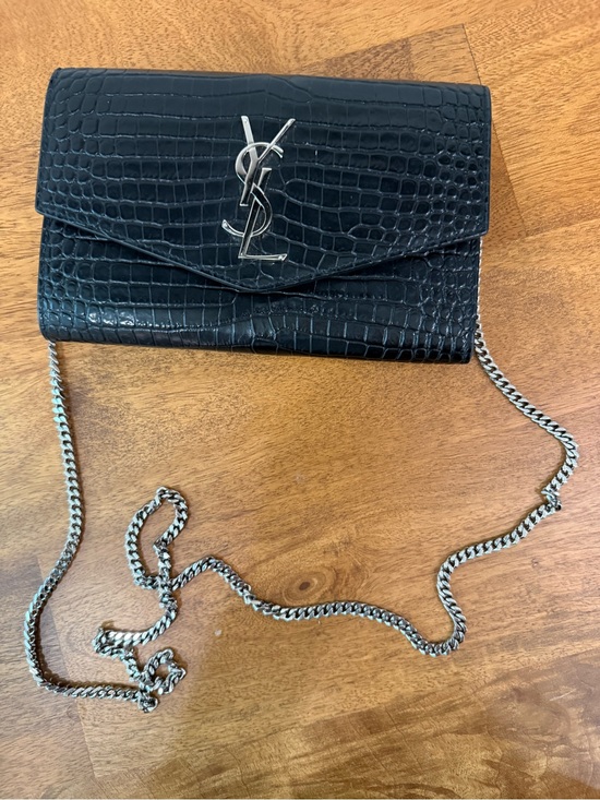 Saint Laurent Handbags - Saint Laurent Black Croc-Embossed Chain Crossbody with silver YSL Logo